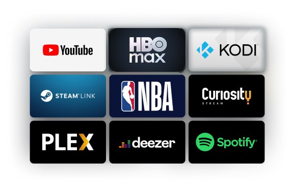 Youtube, HBO Max, KODI, Steam Link, NBA, Curiosity, PLEX, Deezer, Spotify